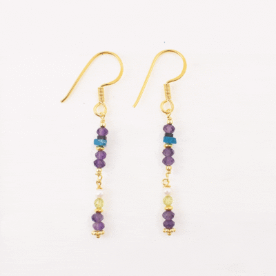Handmade long earrings made of gold plated sterling silver and natural amethyst, apatite, hematite, pearl and peridot gemstones. Buy online shop.