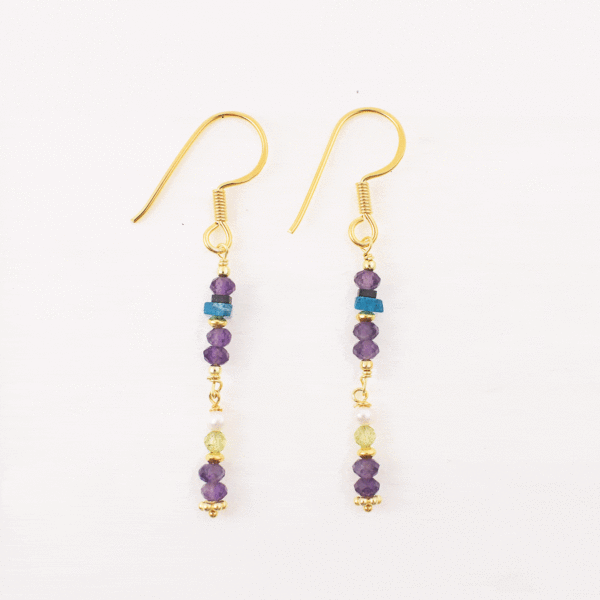 Handmade long earrings made of gold plated sterling silver and natural amethyst, apatite, hematite, pearl and peridot gemstones. Buy online shop.