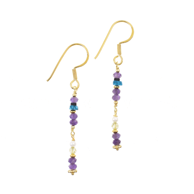 Handmade long earrings made of gold plated sterling silver and natural amethyst, apatite, hematite, pearl and peridot gemstones. Buy online shop.
