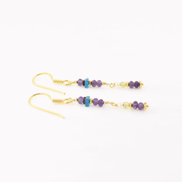 Handmade long earrings made of gold plated sterling silver and natural amethyst, apatite, hematite, pearl and peridot gemstones. Buy online shop.