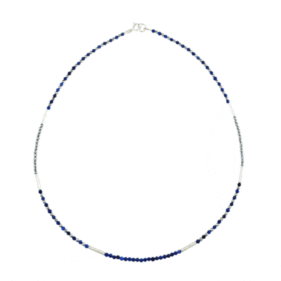 Handmade necklace with natural Lapis Lazuli and Pyrite gemstones. The necklace is decorated with elements made of sterling silver. Buy online shop.