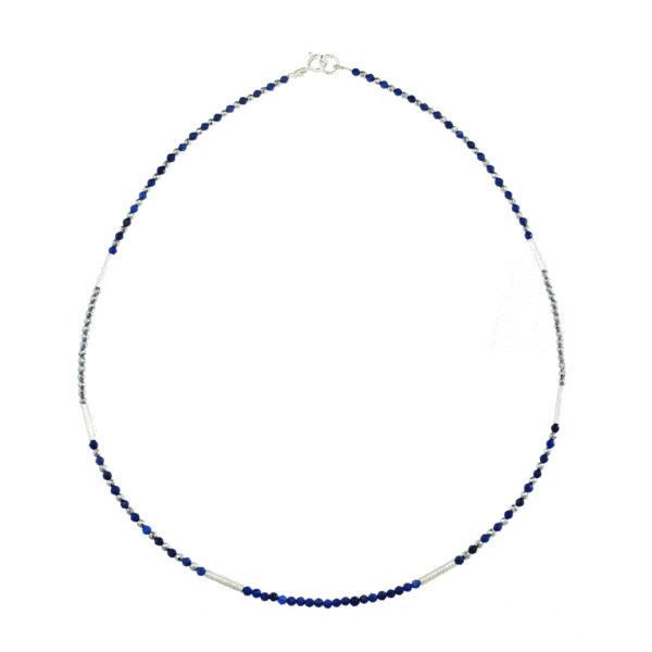 Handmade necklace with natural Lapis Lazuli and Pyrite gemstones. The necklace is decorated with elements made of sterling silver. Buy online shop.