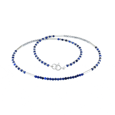 Handmade necklace with natural Lapis Lazuli and Pyrite gemstones. The necklace is decorated with elements made of sterling silver. Buy online shop.