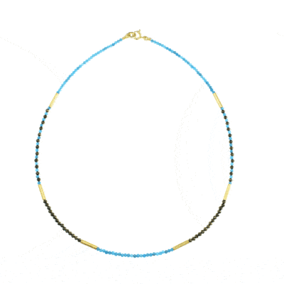 Handmade necklace with natural Apatite and Pyrite gemstones. The necklace is decorated with elements made of gold plated sterling silver. Buy online shop.