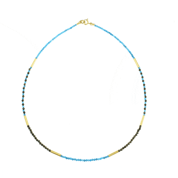 Handmade necklace with natural Apatite and Pyrite gemstones. The necklace is decorated with elements made of gold plated sterling silver. Buy online shop.