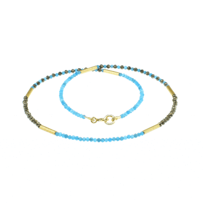 Handmade necklace with natural Apatite and Pyrite gemstones. The necklace is decorated with elements made of gold plated sterling silver. Buy online shop.
