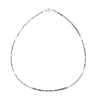 Handmade necklace with natural Iolite and Pyrite gemstones. The necklace is decorated with elements made of sterling silver. Buy online shop.