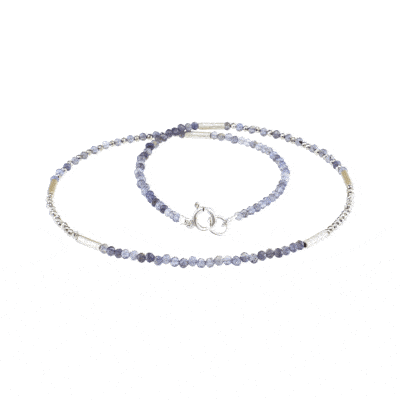 Handmade necklace with natural Iolite and Pyrite gemstones. The necklace is decorated with elements made of sterling silver. Buy online shop.