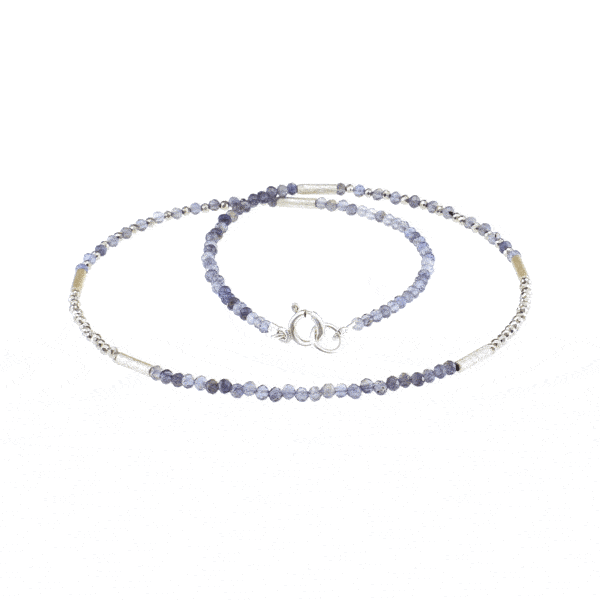 Handmade necklace with natural Iolite and Pyrite gemstones. The necklace is decorated with elements made of sterling silver. Buy online shop.