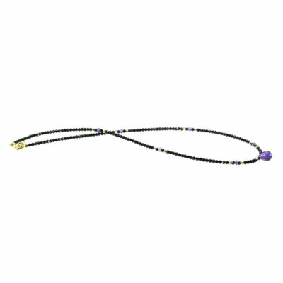 Handmade necklace with natural Spinel and Amethyst gemstones. The necklace is decorated with elements made of gold plated sterling silver and it has an Amethyst drop in the center. Buy online shop.