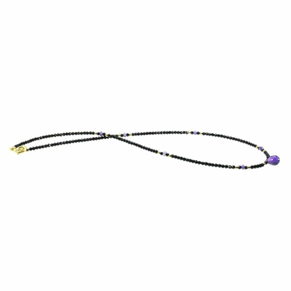 Handmade necklace with natural Spinel and Amethyst gemstones. The necklace is decorated with elements made of gold plated sterling silver and it has an Amethyst drop in the center. Buy online shop.