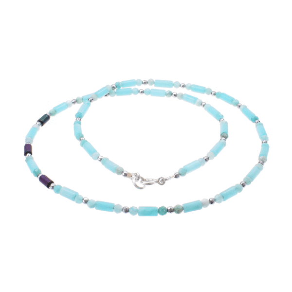 Handmade necklace with natural amazonite, hematite and oxidized agate gemstones and clasp made of sterling silver. Buy online shop.