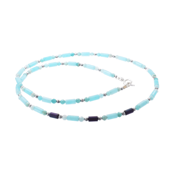 Handmade necklace with natural amazonite, hematite and oxidized agate gemstones and clasp made of sterling silver. Buy online shop.