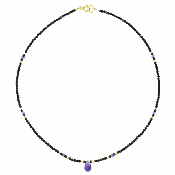 Handmade necklace with natural Spinel and Amethyst gemstones. The necklace is decorated with elements made of gold plated sterling silver and it has an Amethyst drop in the center. Buy online shop.