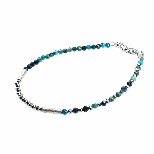 Handmade bracelet with natural Chrysocolla and Pyrite gemstones. The bracelet has clasp and decorative elements made of sterling silver. Buy online shop.