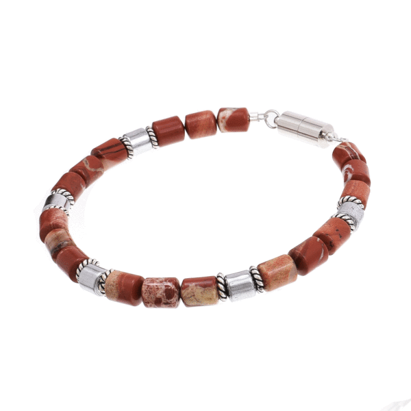 Handmade bracelet with natural jasper and hematite gemstones, in a cylindrical shape. The bracelet has magnetic clasp made of steel and decorative elements made of sterling silver. Buy online shop.
