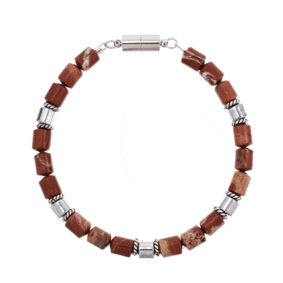 Handmade bracelet with natural jasper and hematite gemstones, in a cylindrical shape. The bracelet has magnetic clasp made of steel and decorative elements made of sterling silver. Buy online shop.