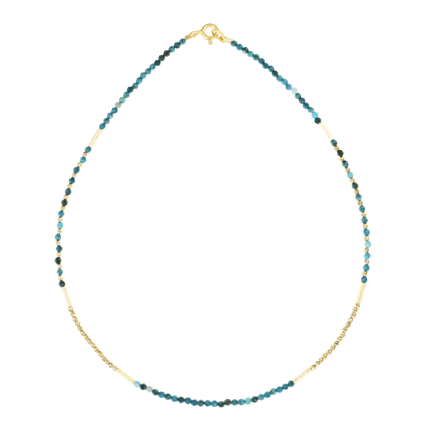 Handmade necklace with natural Chrysocolla and Pyrite gemstones. The necklace is decorated with elements made of gold plated sterling silver. Buy online shop.