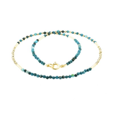 Handmade necklace with natural Chrysocolla and Pyrite gemstones. The necklace is decorated with elements made of gold plated sterling silver. Buy online shop.