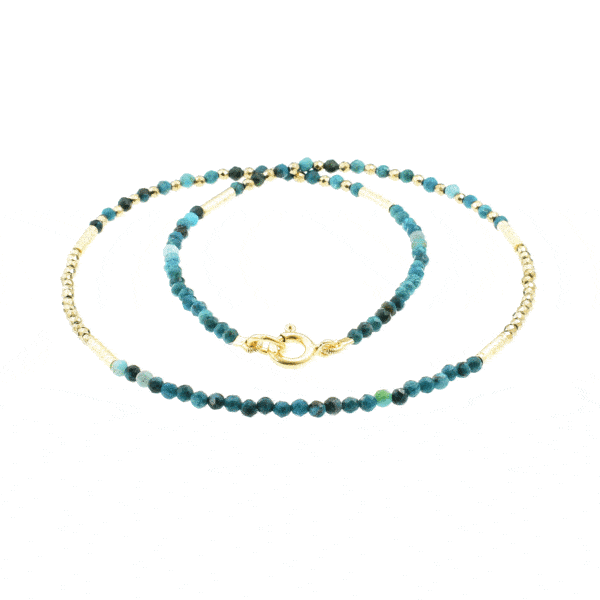 Handmade necklace with natural Chrysocolla and Pyrite gemstones. The necklace is decorated with elements made of gold plated sterling silver. Buy online shop.