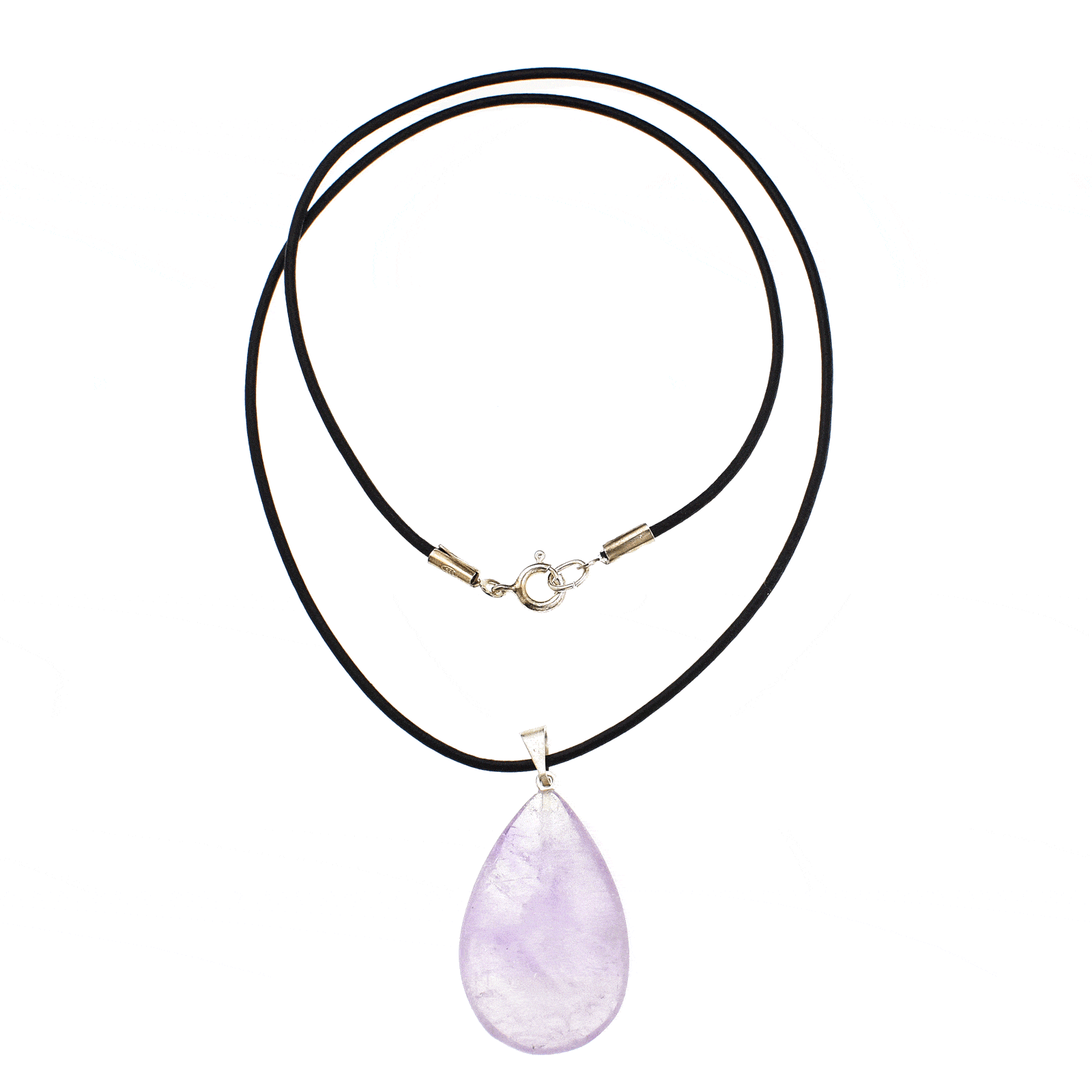 Natural Amethyst stone pendant, threaded on a black leather with clasp made of sterling silver. Buy online shop.