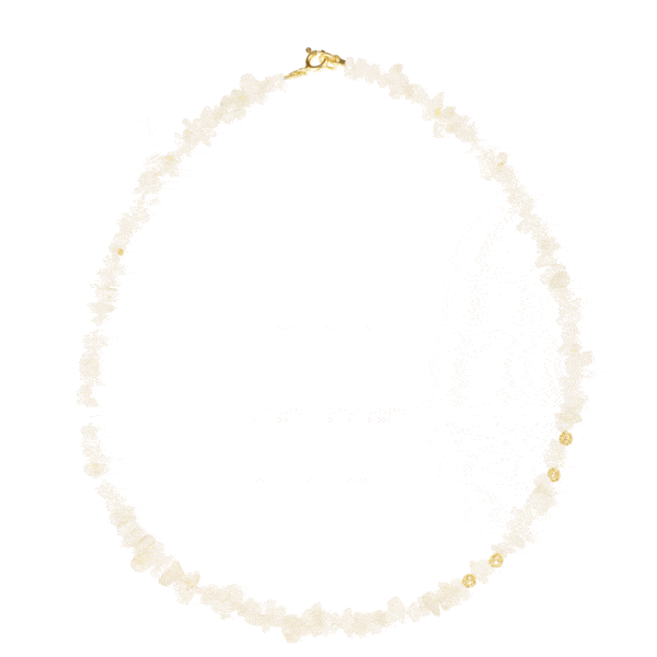 Handmade necklace with natural Moonstone in an irregular shape and decorative elements made of gold plated sterling silver. Buy online shop.