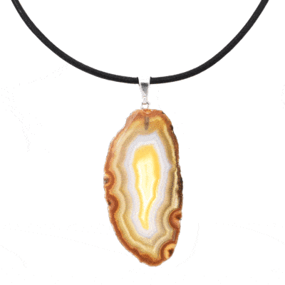 Pendant made of polished natural agate gemstone, with a silver plated hypoallergenic metal hoop. The pendant is threaded on a black leather with sterling silver clasp. Buy online shop.