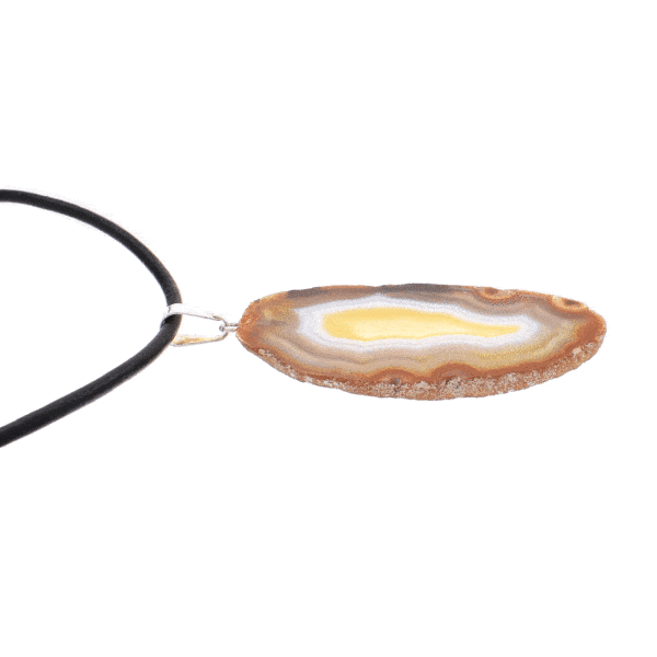 Pendant made of polished natural agate gemstone, with a silver plated hypoallergenic metal hoop. The pendant is threaded on a black leather with sterling silver clasp. Buy online shop.
