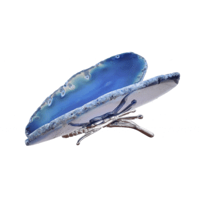 Butterfly with silver plated metallic body and polished wings made of natural agate gemstone. The butterfly has a size of 9cm and its wings are painted blue. Buy online shop.