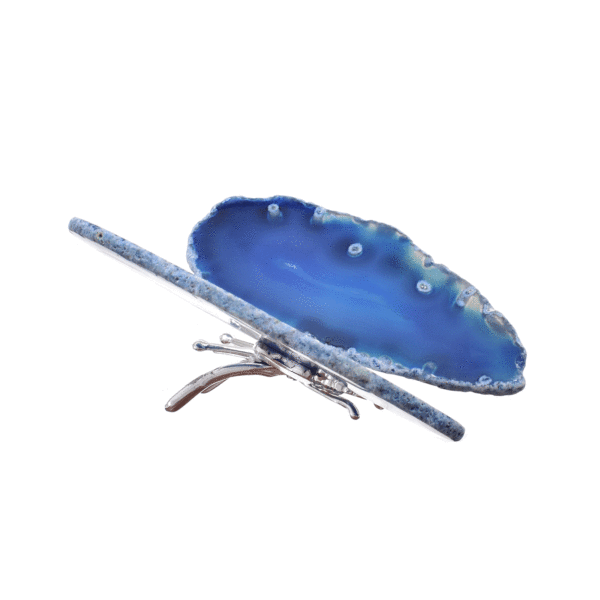 Butterfly with silver plated metallic body and polished wings made of natural agate gemstone. The butterfly has a size of 9cm and its wings are painted blue. Buy online shop.