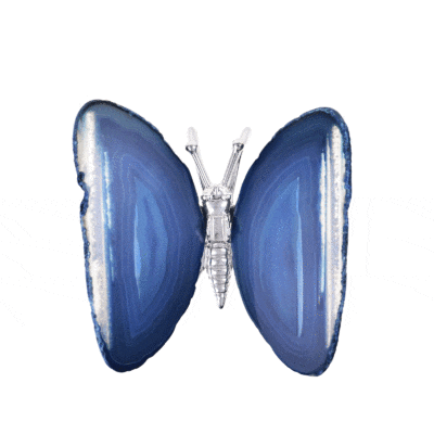 Decorative blue butterfly crafted from natural Agate stone with a metal body, measuring 10.5 cm.