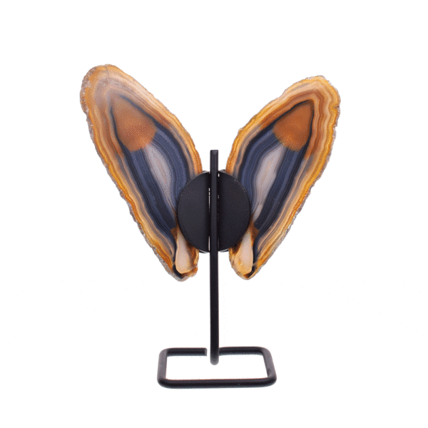 Butterfly with wings made from polished slices of natural agate gemstone and black metal body. The butterfly has a size of 17cm.