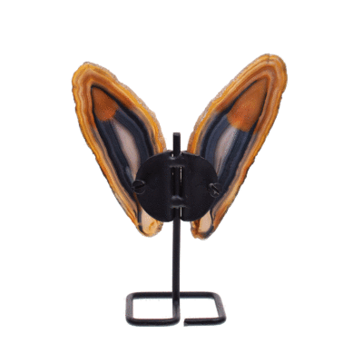 Butterfly with wings made from polished slices of natural agate gemstone and black metal body. The butterfly has a size of 17cm.