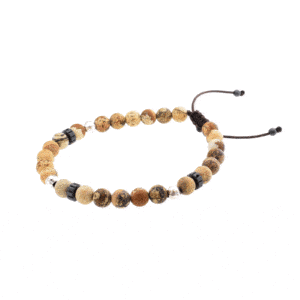 Handmade macrame bracelet with natural Picture Jasper and Hematite gemstones, threaded on a brown string. The bracelet is decorated with elements made of sterling silver. Buy online shop.
