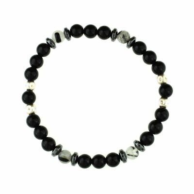 Handmade bracelet with natural onyx, crystal quartz with black tourmaline and hematite gemstones, threaded with special elastic. The bracelet is decorated with elements made of sterling silver. Buy online shop.