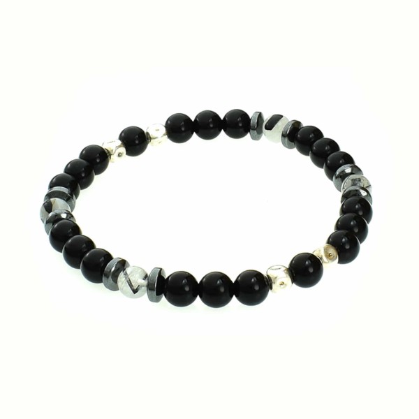 Handmade bracelet with natural onyx, crystal quartz with black tourmaline and hematite gemstones, threaded with special elastic. The bracelet is decorated with elements made of sterling silver. Buy online shop.