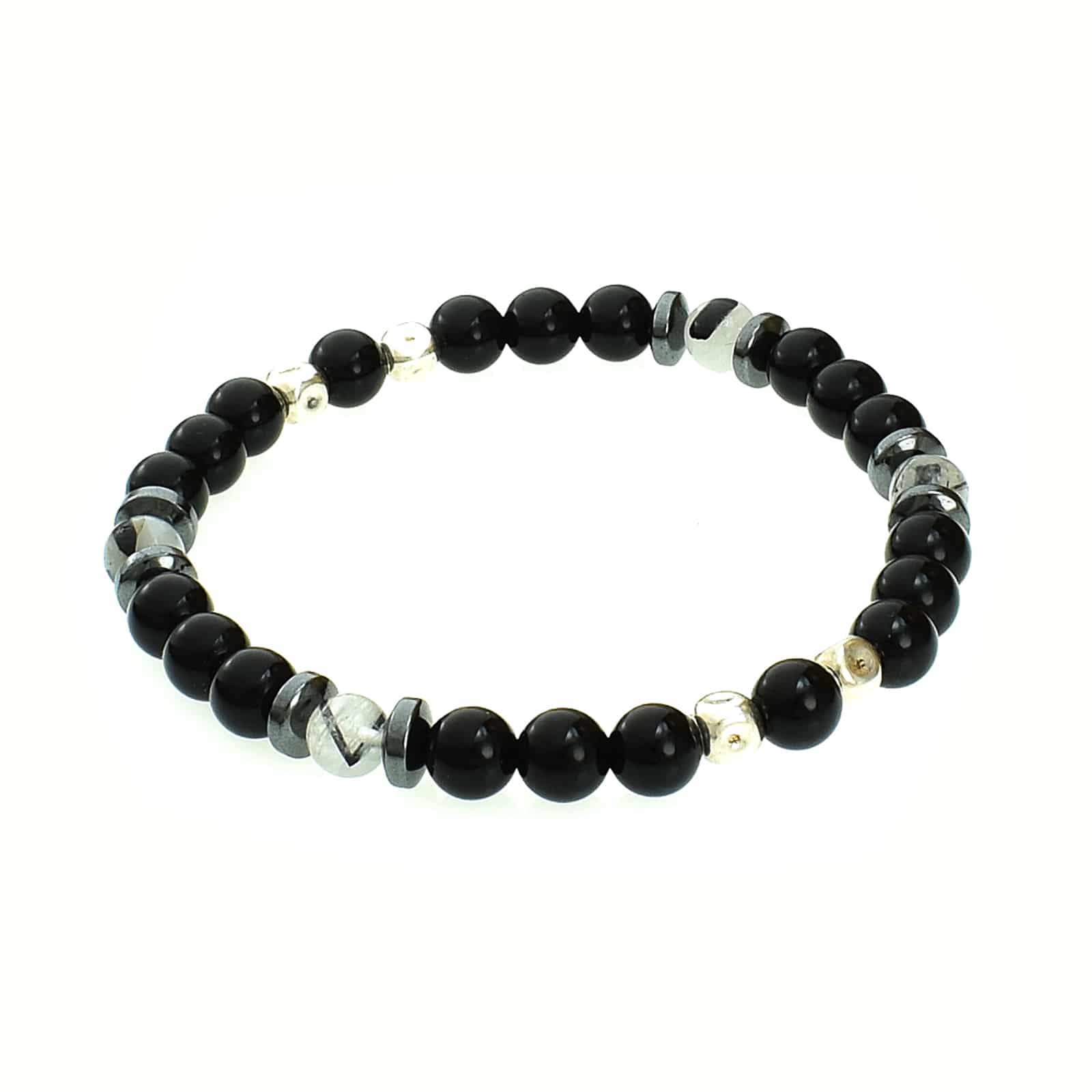 Handmade bracelet with Onyx, Crystal Quartz with black Tourmaline and Hematite, threaded with special elastic. The bracelet is decorated with elements made of sterling silver. Buy online shop.
