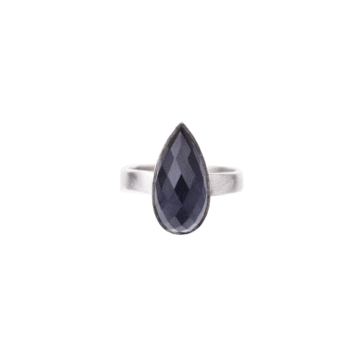 Handmade sterling silver ring with natural tear-drop shaped crystal quartz and Iolite gemstones. The doublet consists of two layers of stones, where the stone which is on the bottom is Iolite and the stone on the top is faceted crystal quartz.