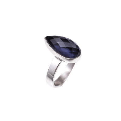 Handmade sterling silver ring with natural tear-drop shaped crystal quartz and Iolite gemstones. The doublet consists of two layers of stones, where the stone which is on the bottom is Iolite and the stone on the top is faceted crystal quartz.