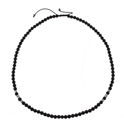 Handmade macrame necklace with natural Onyx gemstones, threaded on a black string. The necklace is decorated with elements made of sterling silver. Buy online shop.