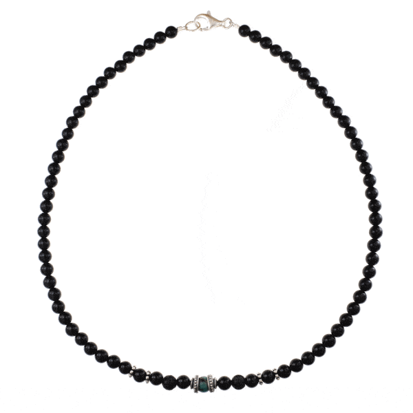Handmade necklace with natural Onyx, Lava, Chrysocolla gemstones and decorative elements made of sterling silver. Buy online shop.