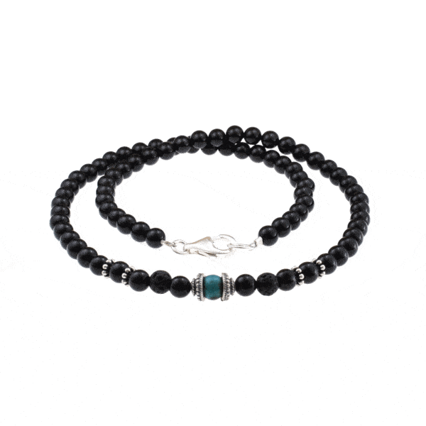 Handmade necklace with natural Onyx, Lava, Chrysocolla gemstones and decorative elements made of sterling silver. Buy online shop.
