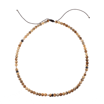 Handmade macrame necklace with Picture Jasper and Hematite gemstones, threaded on a brown string. The necklace is decorated with elements made of sterling silver. Buy online shop.