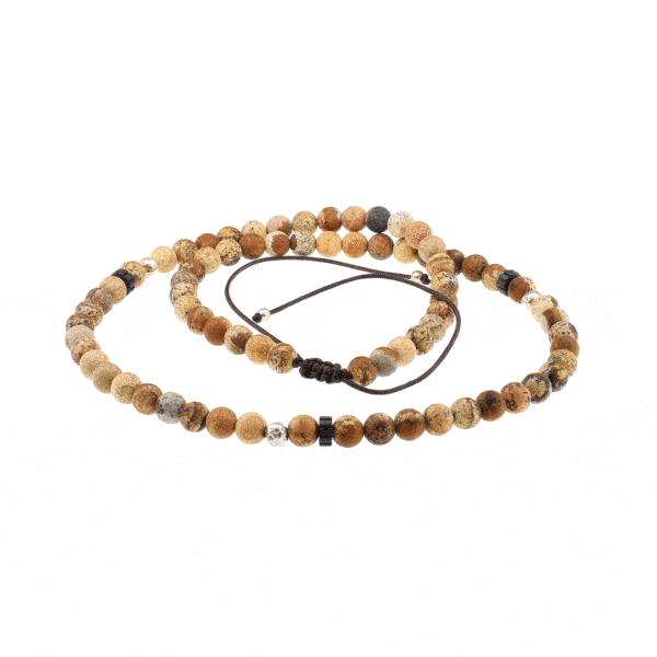 Handmade macrame necklace with Picture Jasper and Hematite gemstones, threaded on a brown string. The necklace is decorated with elements made of sterling silver. Buy online shop.