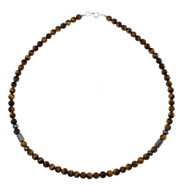 Handmade necklace with natural Tiger Eye, Hematite gemstones and clasp made of sterling silver. Buy online shop.