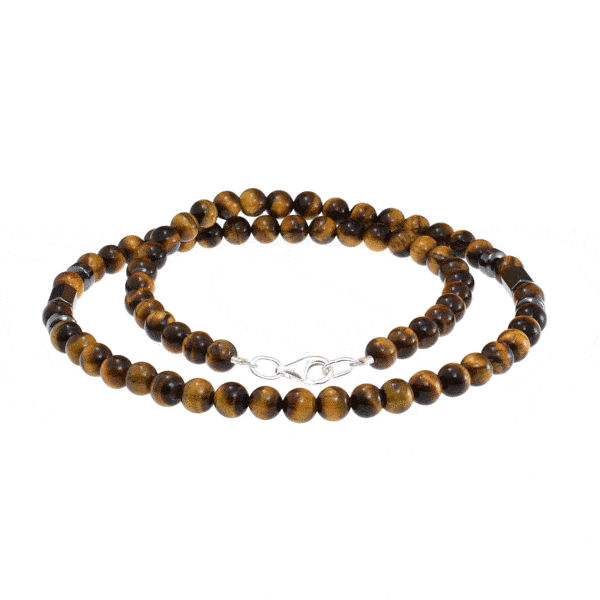 Handmade necklace with natural Tiger Eye, Hematite gemstones and clasp made of sterling silver. Buy online shop.