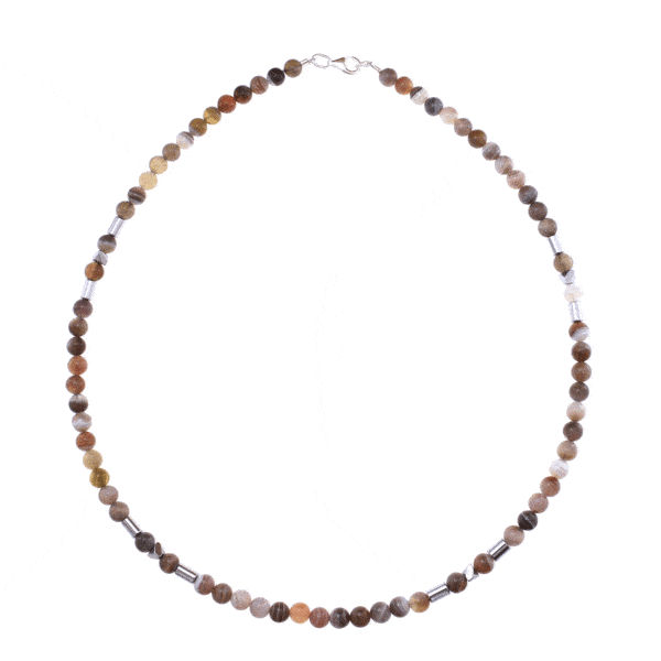 Handmade necklace with natural Botswana Agate and Hematite gemstones and clasp made of sterling silver. Buy online shop.