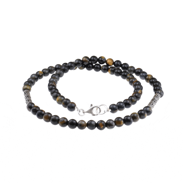 Handmade necklace with natural blue Tiger Eye gemstones and decorative elements made of sterling silver. Buy online shop.