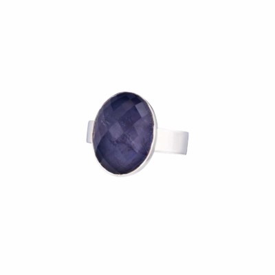 Handmade ring made of sterling silver with doublet of Crystal quartz and Iolite in oval shape. The doublet consists of two layers of stones. The upper stone is Crystal Quartz and the stone at the bottom is Iolite. Buy online shop.