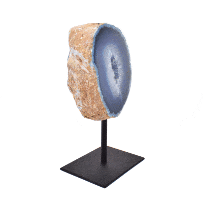 Natural blue agate geode gemstone with crystal quartz, embedded into a black, metallic base. The product has a height of 16cm. Buy online shop.